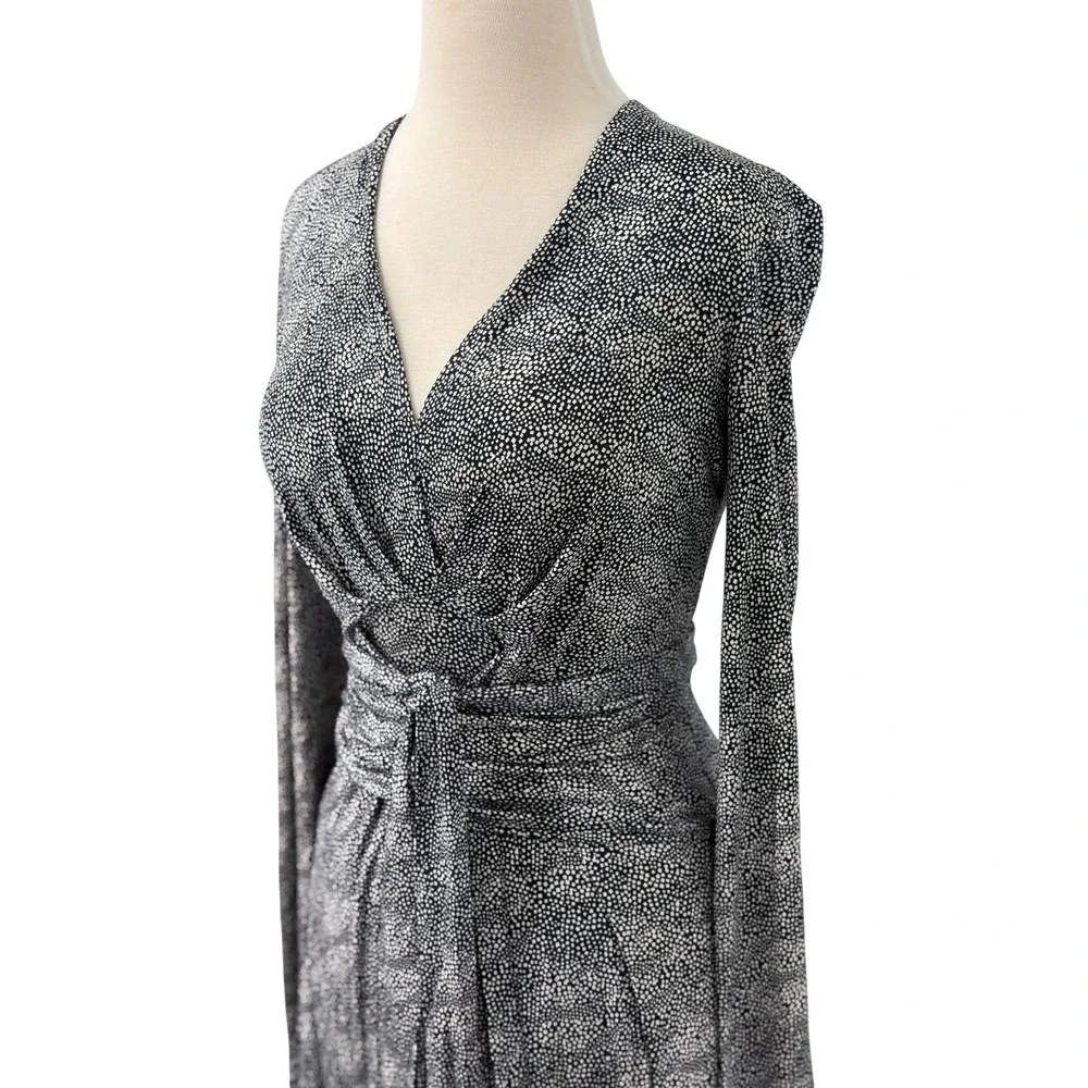 Tory Burch Vanessa Navy White Silk Jersey Wrap Dress Long Sleeve Midi‎ Size S